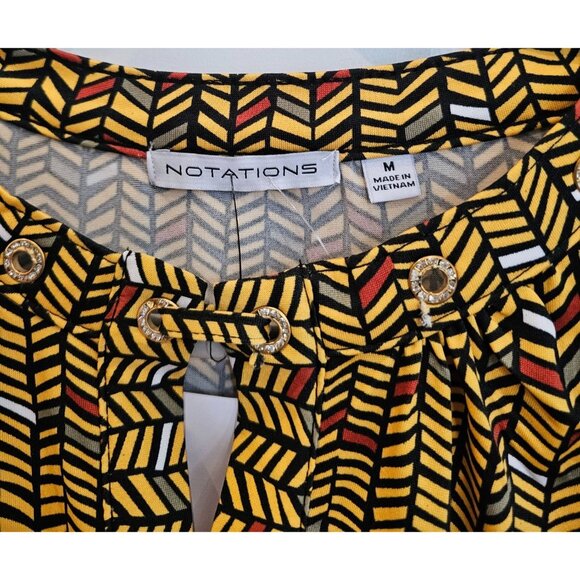 Notations Womens Blouse 3/4 Sleeve Abstract Yellow Keyhole Embellished Sz M NWT - Picture 7 of 12